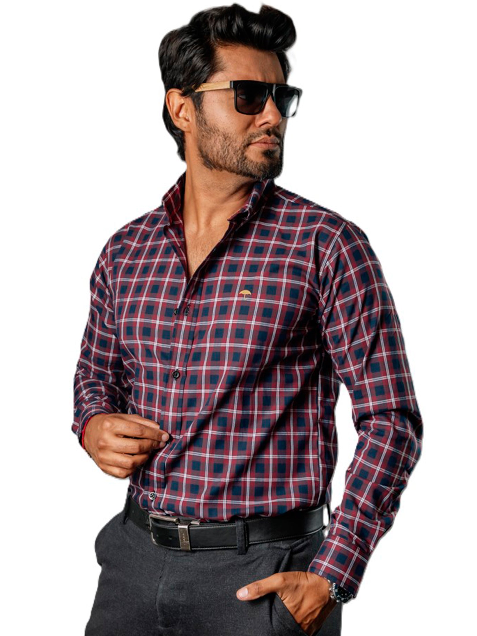 Camisa Hombre Casual Cuadros Vino, Azul Marino, Blancos