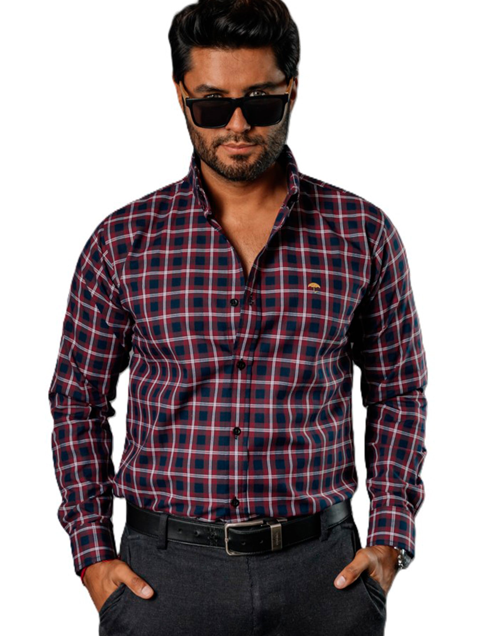 Camisa Hombre Casual Cuadros Vino, Azul Marino, Blancos