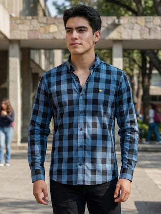 Camisa Hombre Casual Cuadro Negro Azul