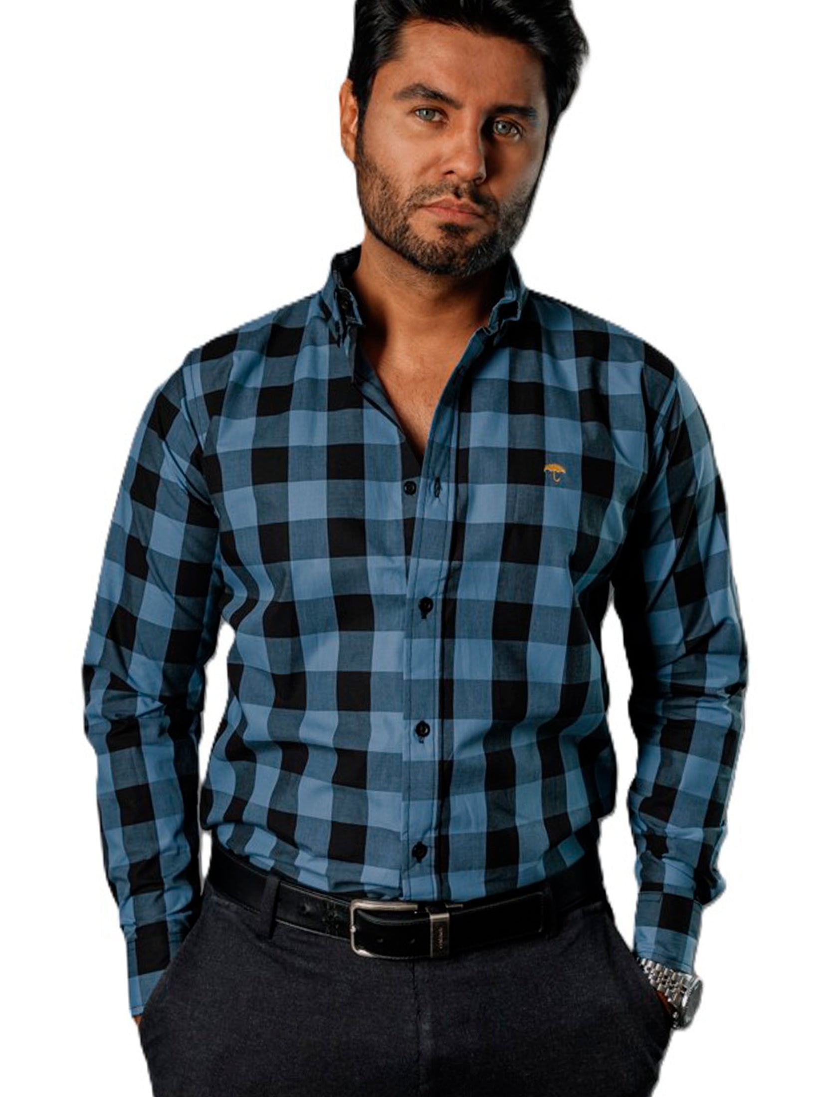 Camisa Hombre Casual Cuadros Azul Marino, Negros