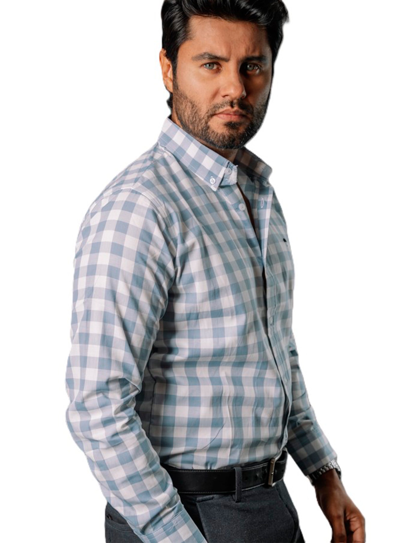 Camisa Hombre Casual Cuadros Gris Azulados Blancos