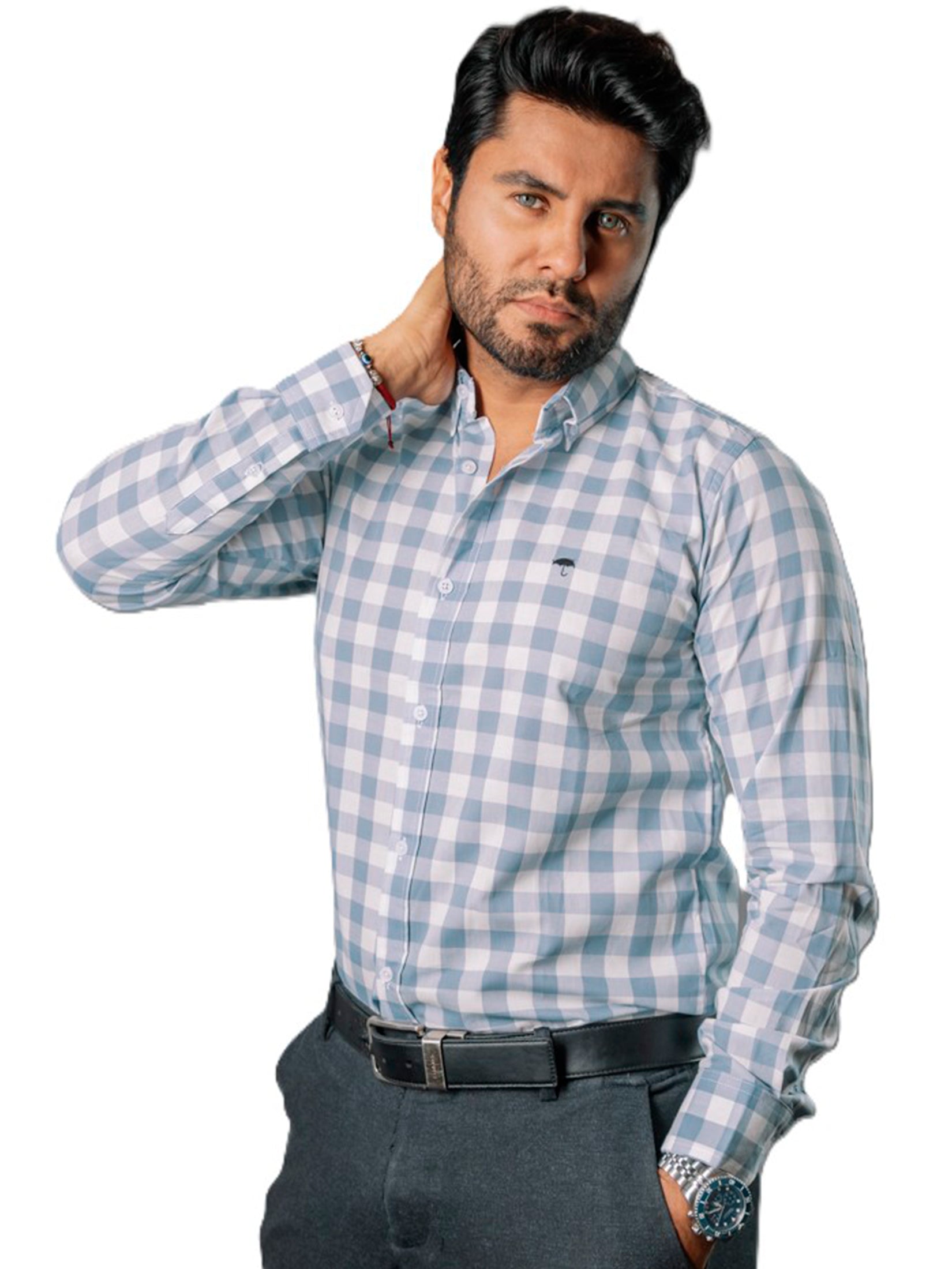 Camisa Hombre Casual Cuadros Gris Azulados Blancos