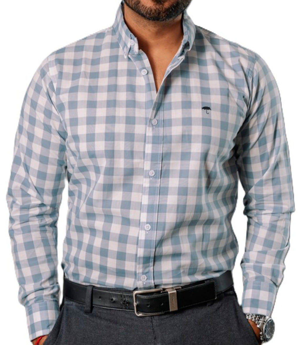 Camisa Hombre Casual Cuadros Gris Azulados Blancos