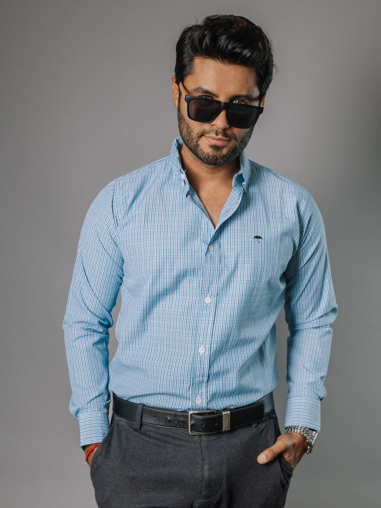 Camisa Hombre Casual Micro Cuadro Azul Verde