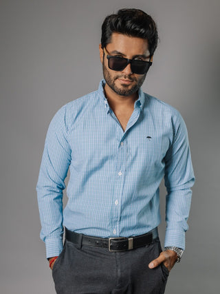 Camisa Hombre Casual Micro Cuadro Azul Verde