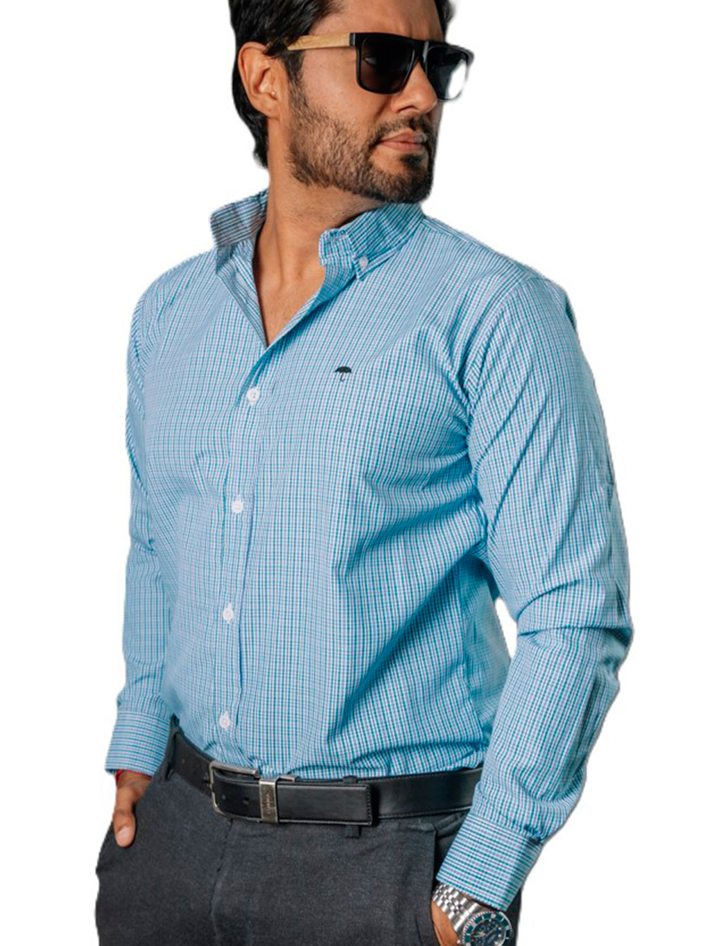 Camisa Hombre Casual Mini Cuadros Azules, Verdes, Blancos