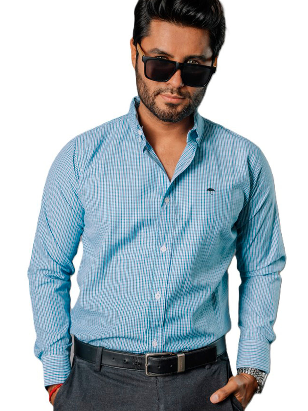 Camisa Hombre Casual Mini Cuadros Azules, Verdes, Blancos