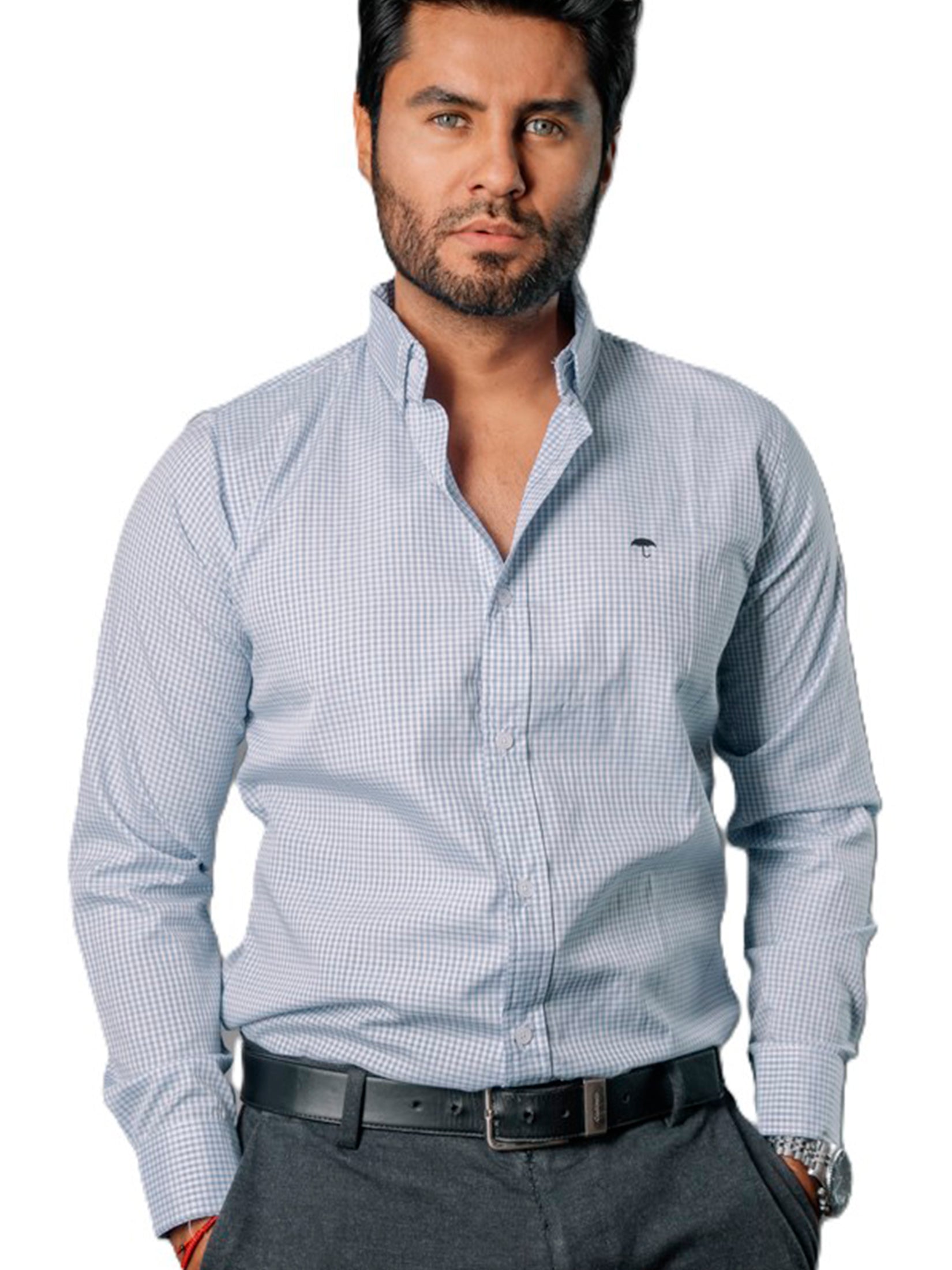 Camisa Hombre Casual Mini Cuadros Blancos Azules