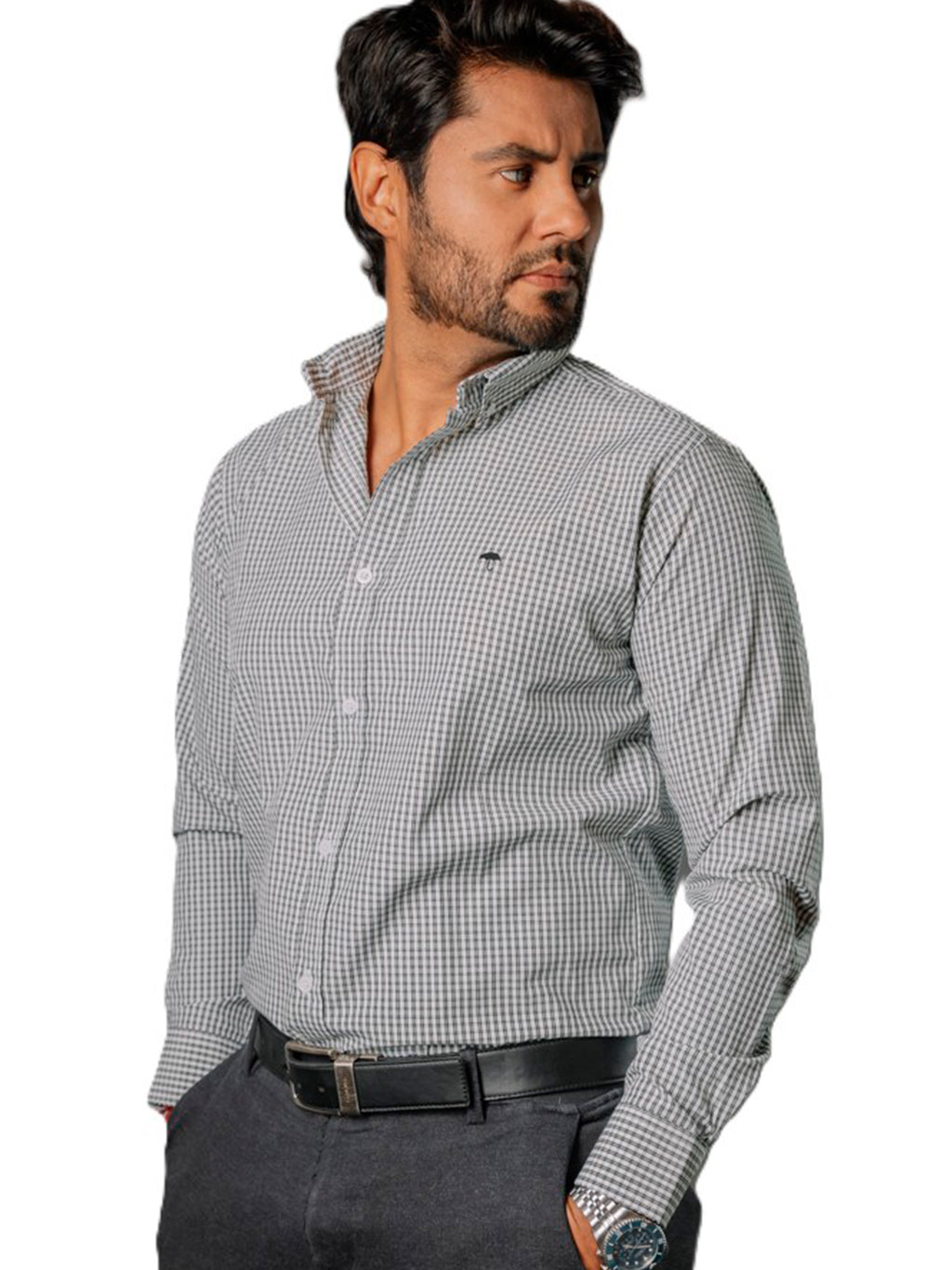 Camisa Hombre Casual Mini Cuadros Blancos Verdes