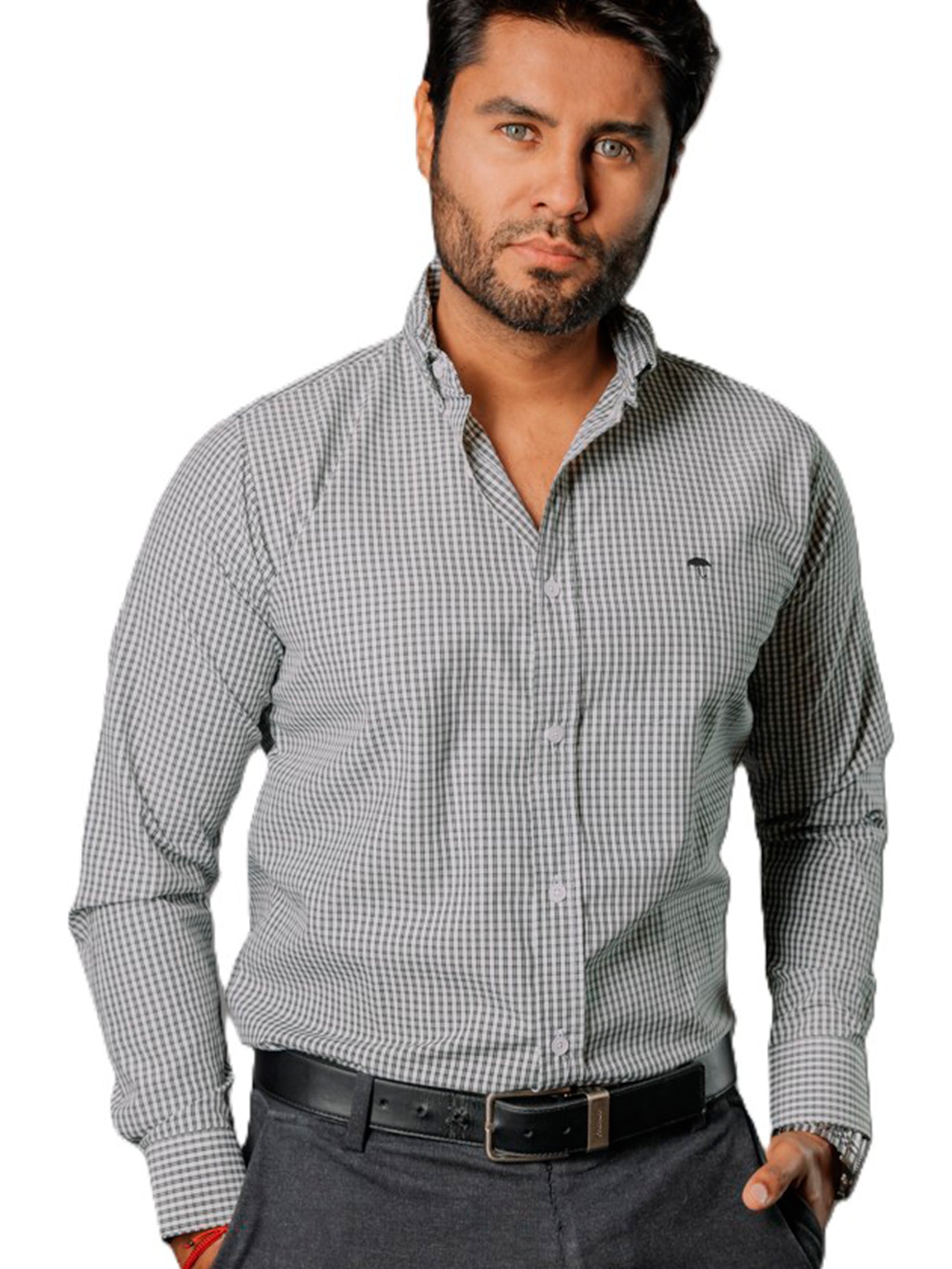 Camisa Hombre Casual Mini Cuadros Blancos Verdes