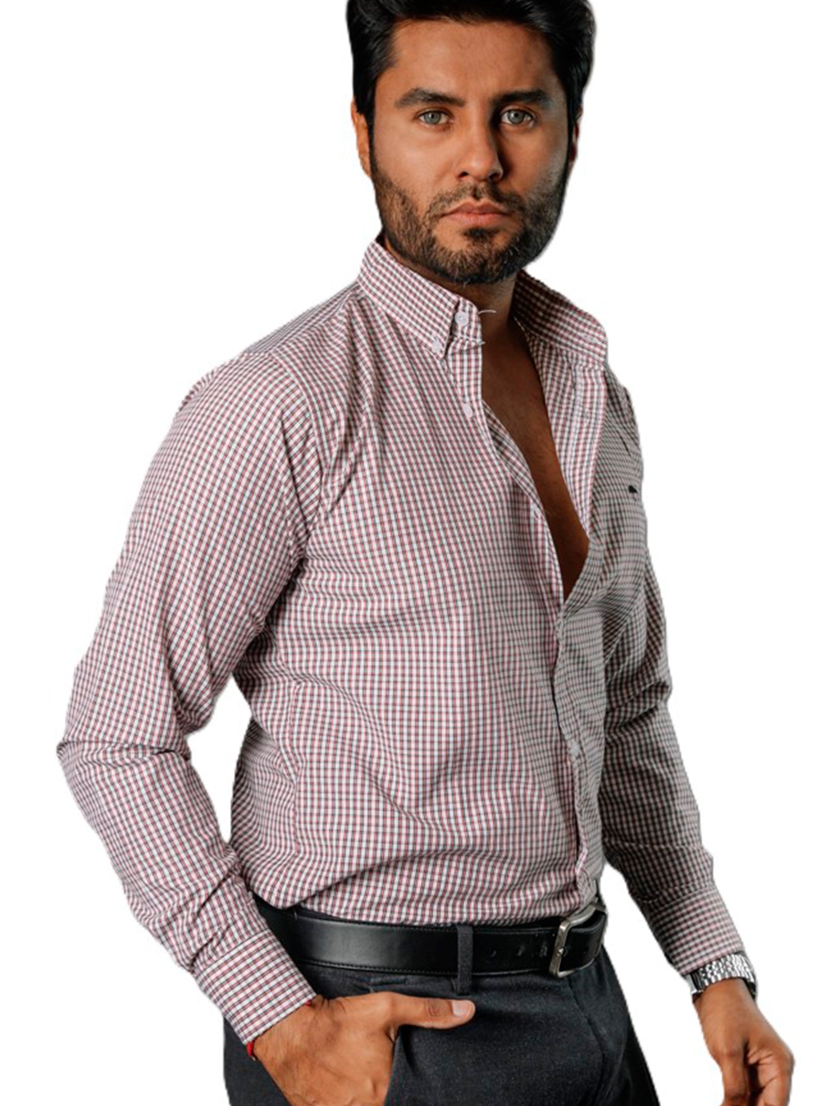 Camisa Hombre Casual Mini Cuadros Blancos, Rojos, Negros