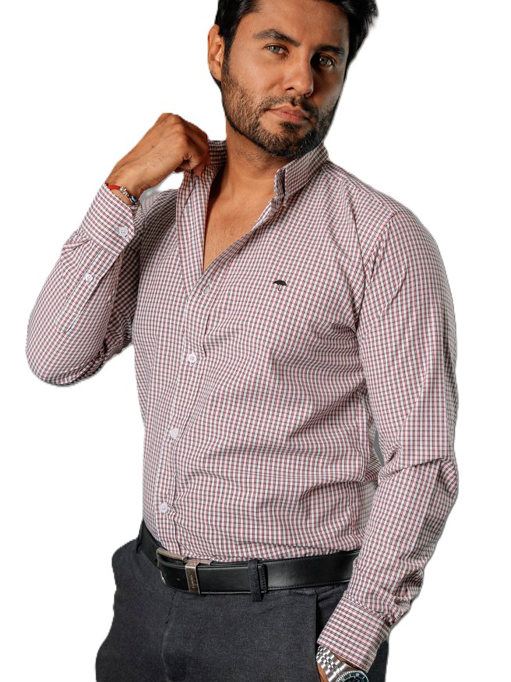 Camisa Hombre Casual Mini Cuadros Blancos, Rojos, Negros