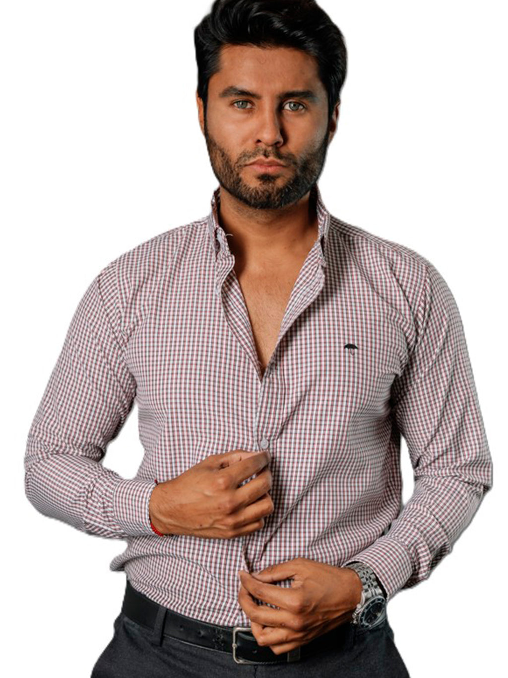 Camisa Hombre Casual Mini Cuadros Blancos, Rojos, Negros