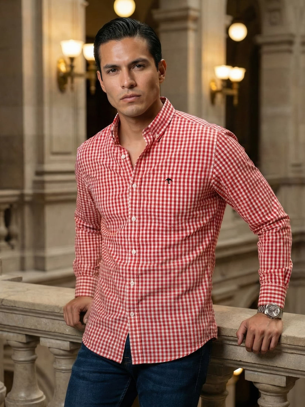 Camisa Hombre Casual Cuadro Naranja