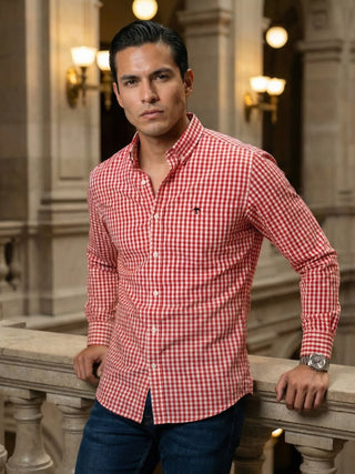 Camisa Hombre Casual Cuadro Naranja