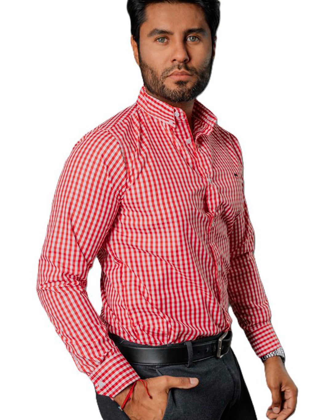 Camisa Hombre Casual Mini Cuadros Rojos Blancos