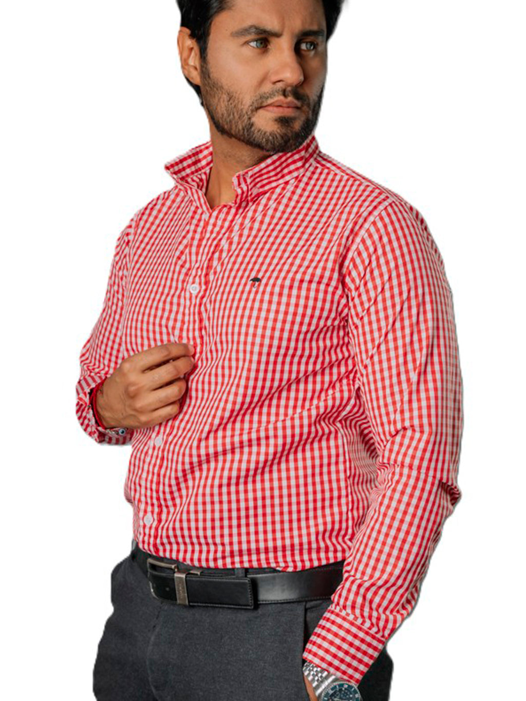 Camisa Hombre Casual Mini Cuadros Rojos Blancos