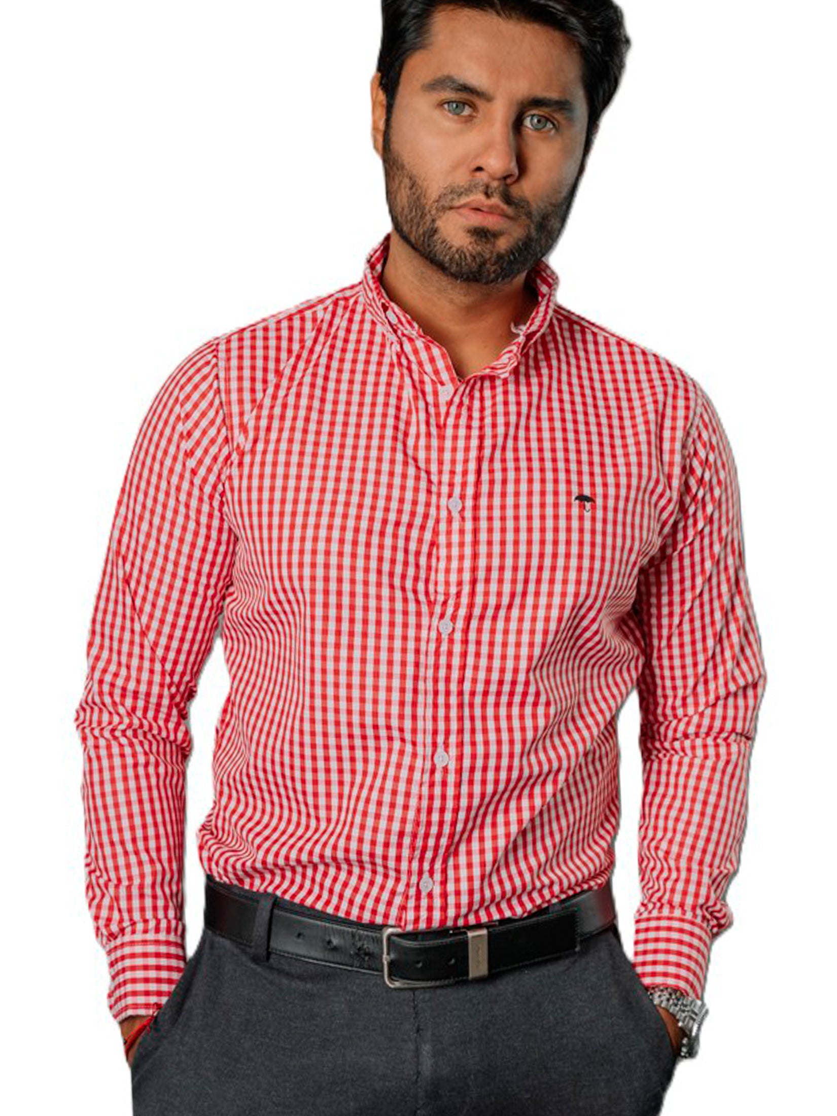 Camisa Hombre Casual Mini Cuadros Rojos Blancos