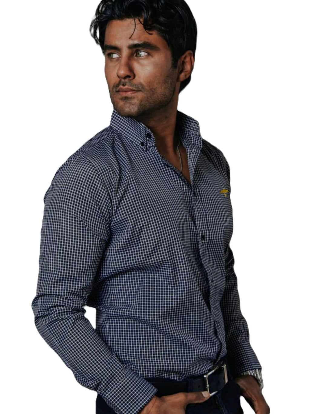 Camisa Hombre Casual Mini Cuadros Azul Marino, Blancos