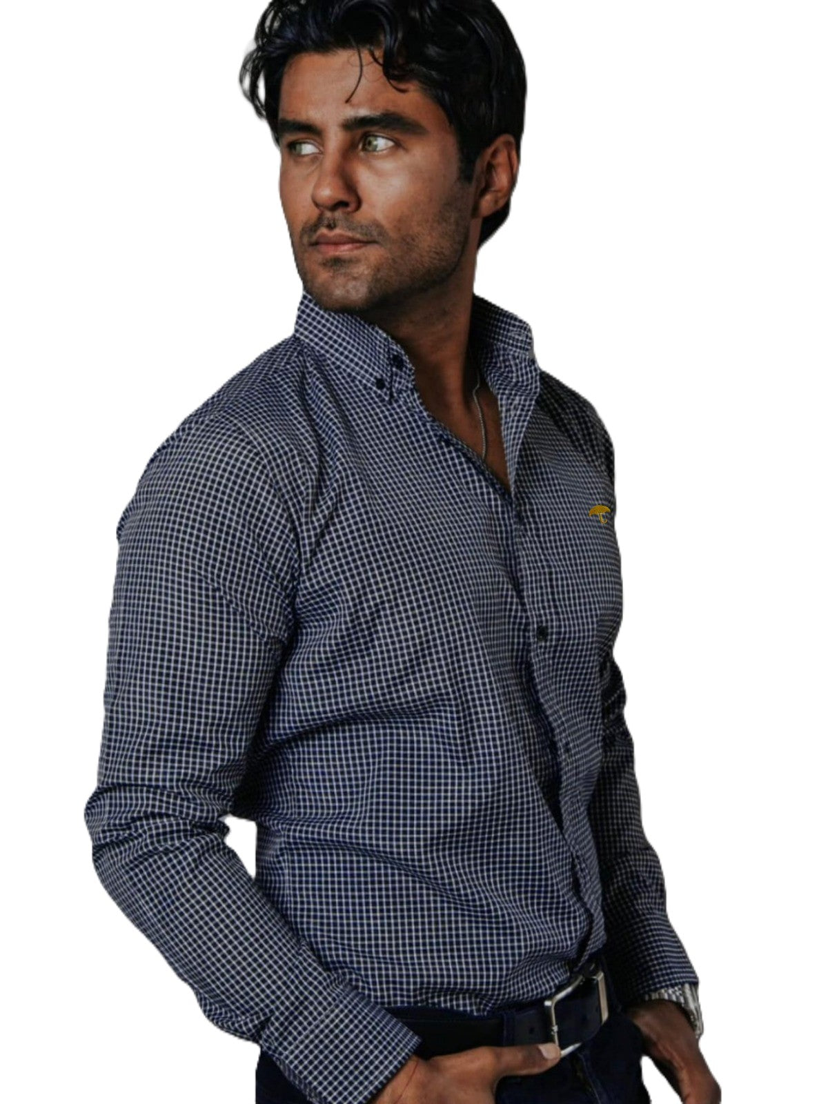 Camisa Hombre Casual Mini Cuadros Azul Marino, Blancos