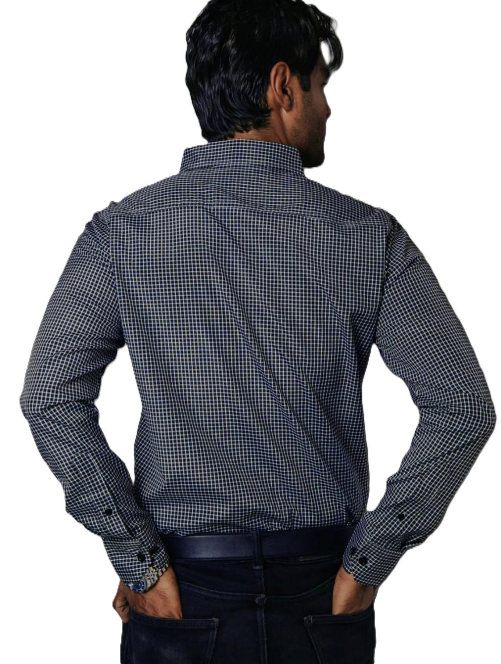 Camisa Hombre Casual Mini Cuadros Azul Marino, Blancos