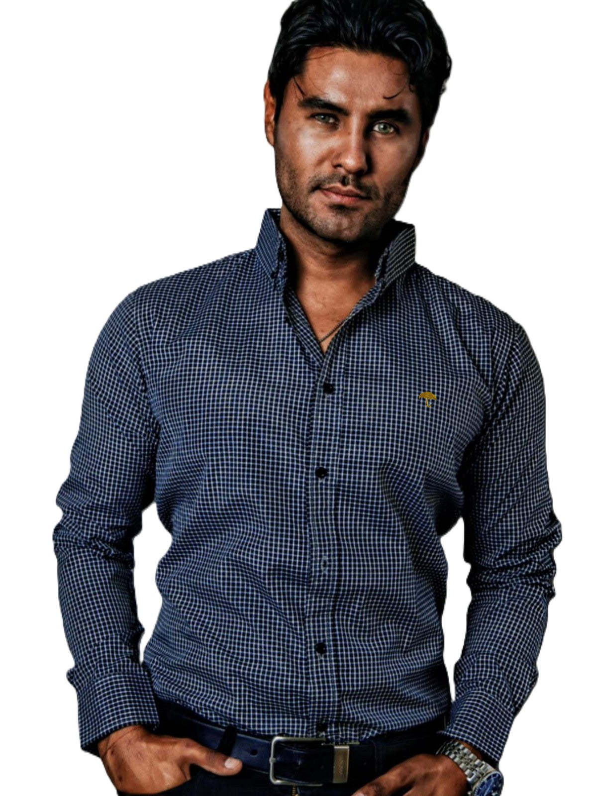 Camisa Hombre Casual Mini Cuadros Azul Marino, Blancos