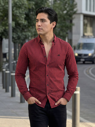 Camisa Hombre Casual Cuadro Vino y Negro