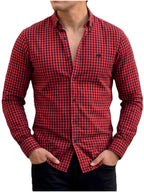 Camisa Hombre Casual Mini Cuadros Rojos, Negros