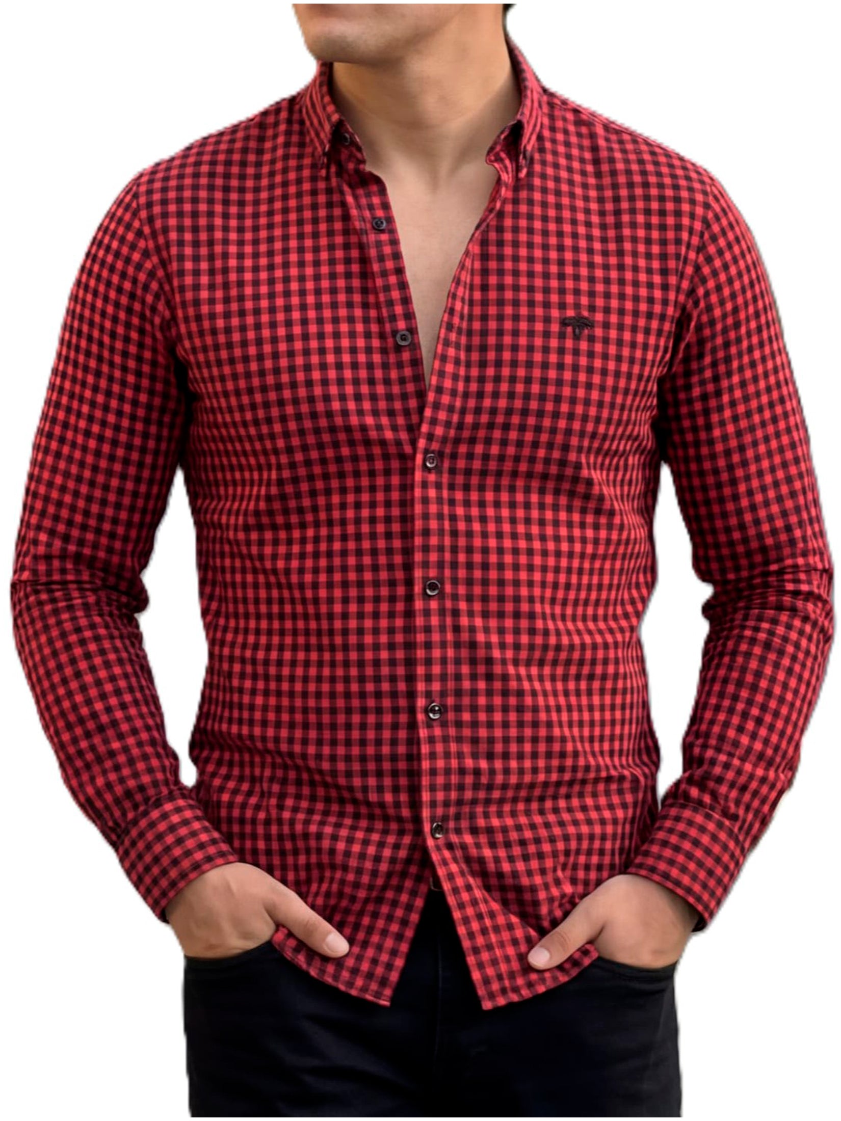 Camisa Hombre Casual Mini Cuadros Rojos, Negros