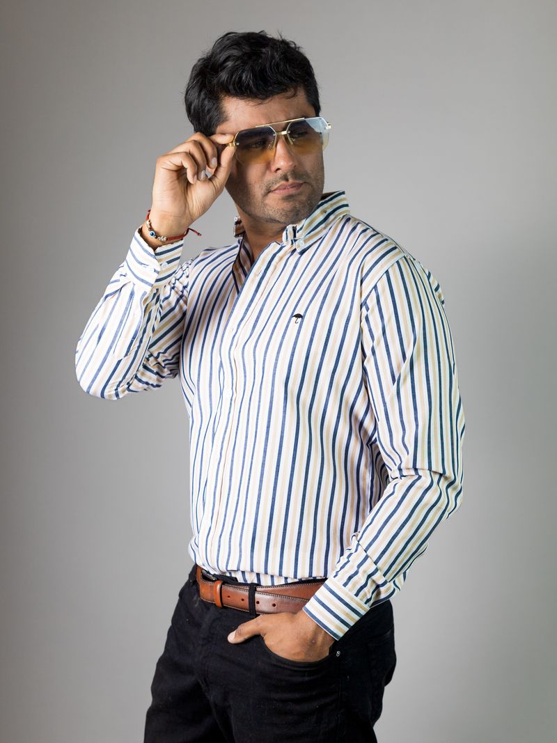 Camisa Hombre Casual Rayas Gris Blanco Beige