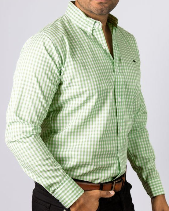 Camisa Hombre Casual Mini Cuadros Verde Blanco