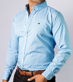 Camisa Hombre Casual Mini Cuadros Azul Blanco