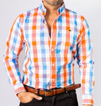 Camisa Hombre Casual Cuadros Naranjas Blancos Azules