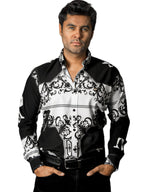 Camisa Hombre Casual Negra, Blanca Flores Barroco