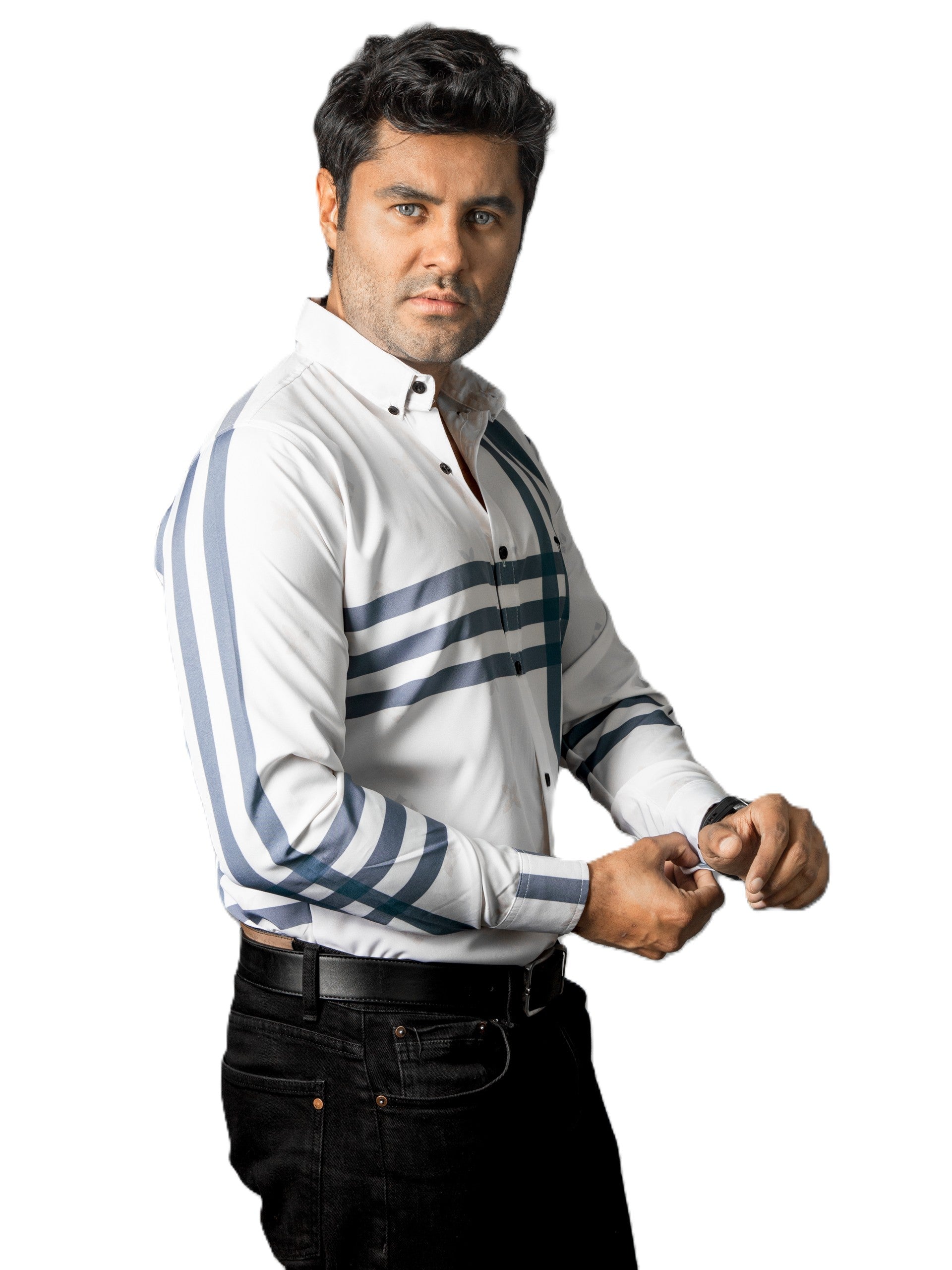 Camisa Hombre Casual Blanca Franjas Gris Flores