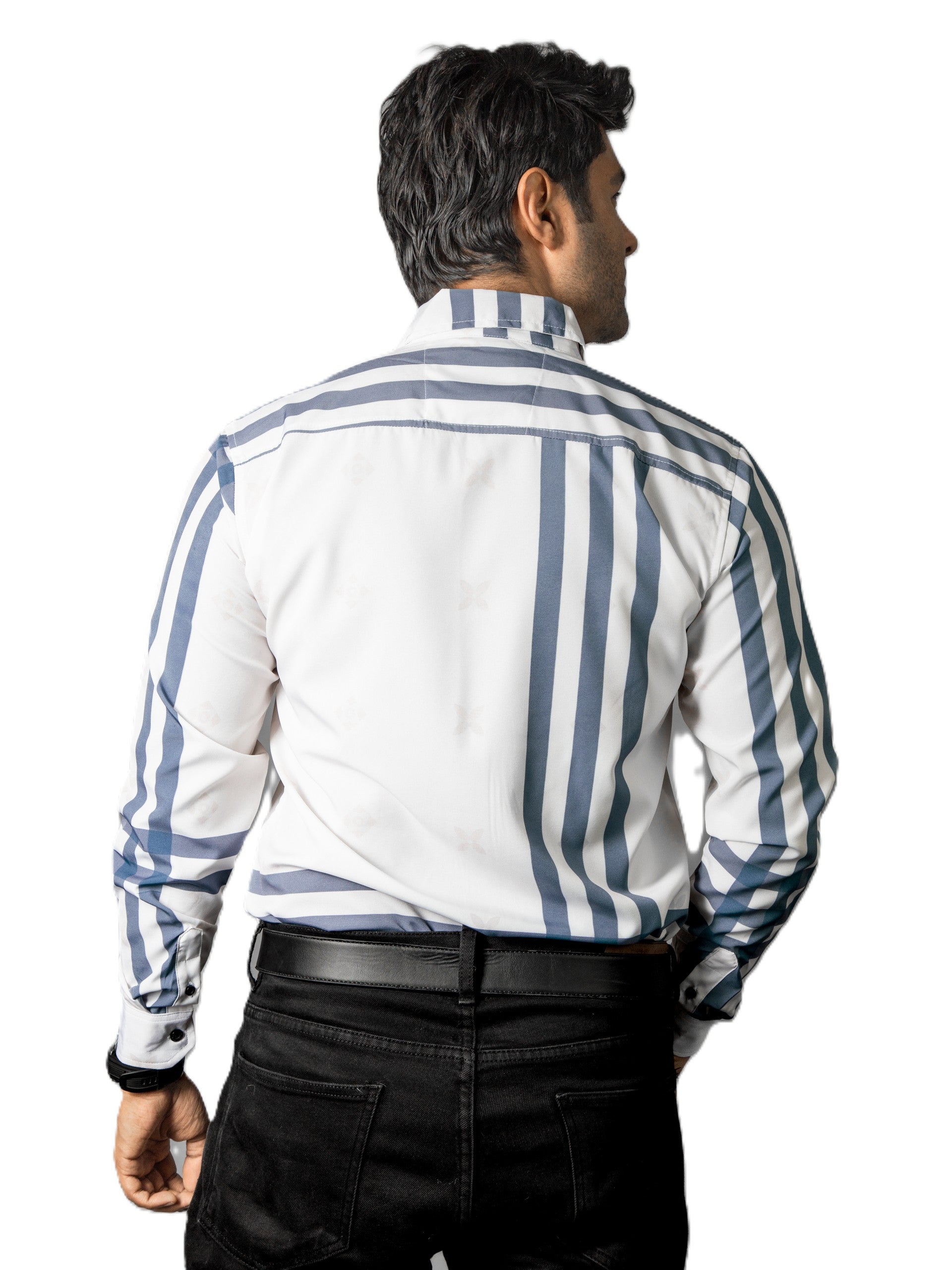 Camisa Hombre Casual Blanca Franjas Gris Flores