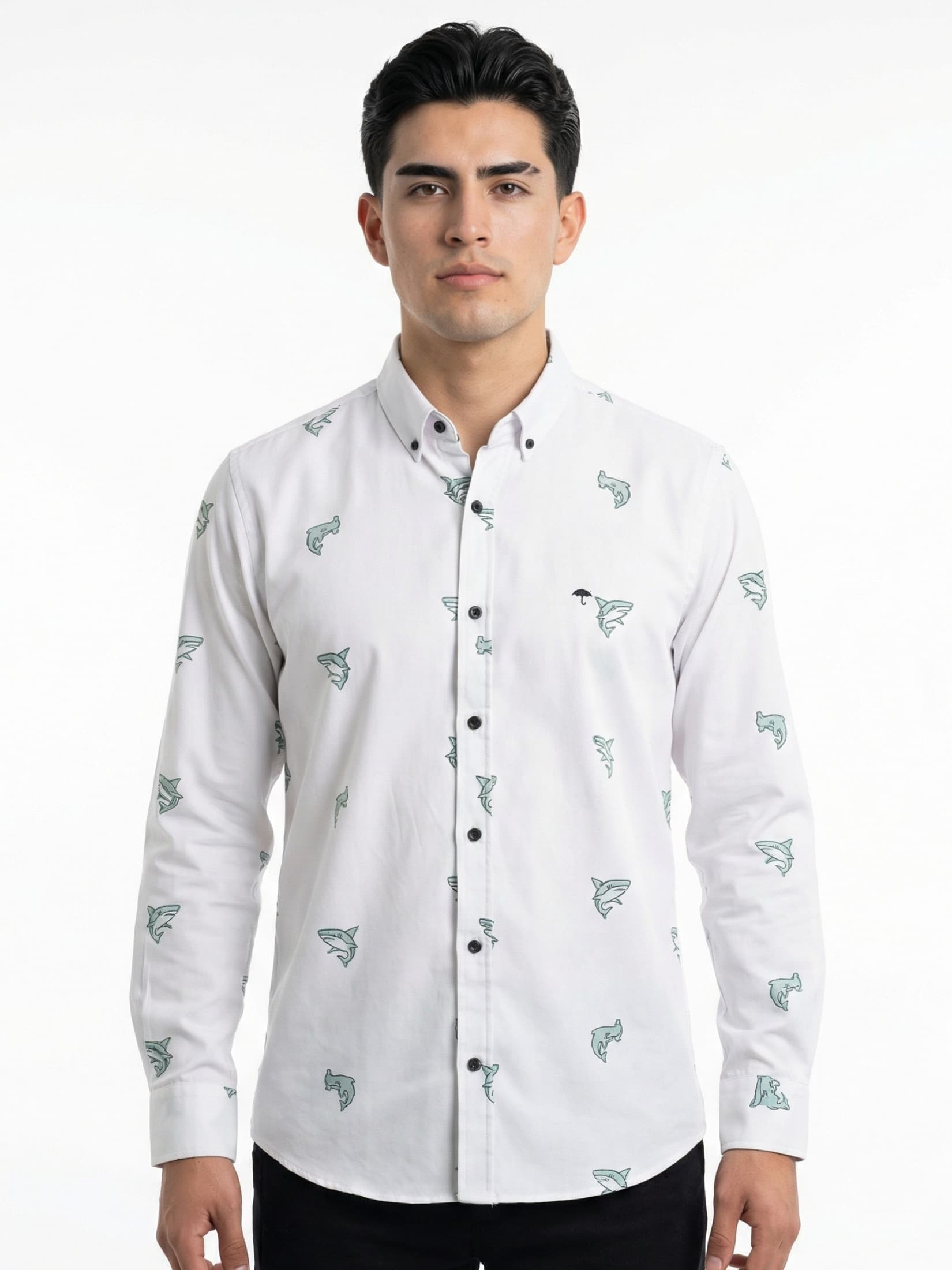 Camisa Hombre Casual Blanca Mini Figuras Tiburones