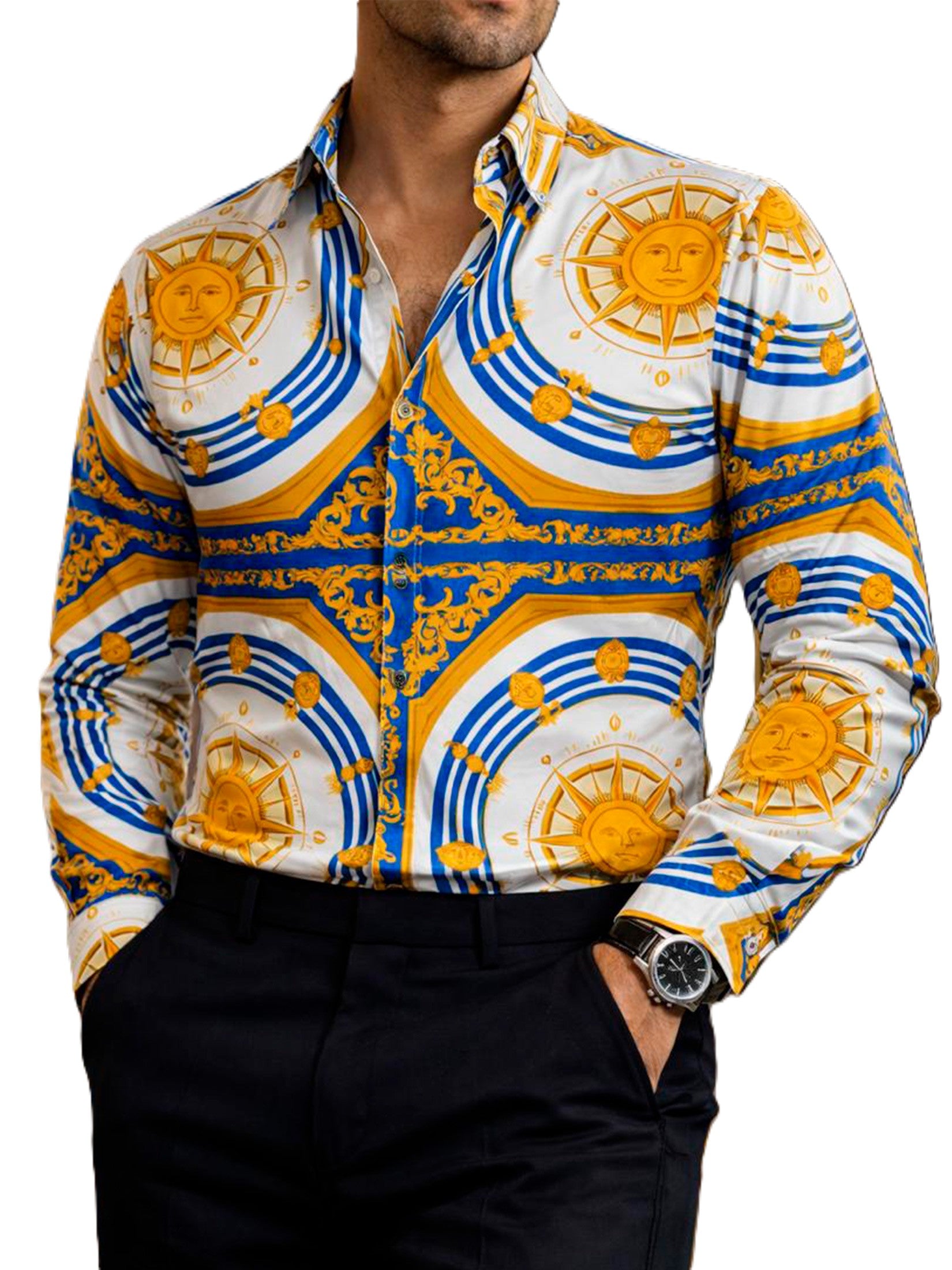 Camisa Hombre Casual Blanca Soles Figuras Doradas, Azul