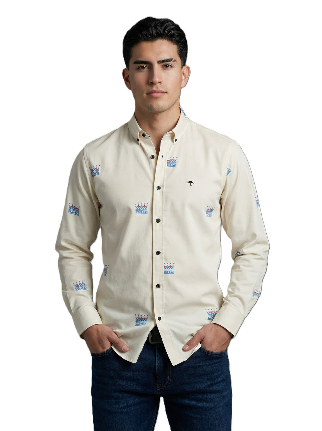 Camisa Hombre Casual Beige Mini Figuras Coronas