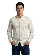 Camisa Hombre Casual Beige Mini Figuras Coronas