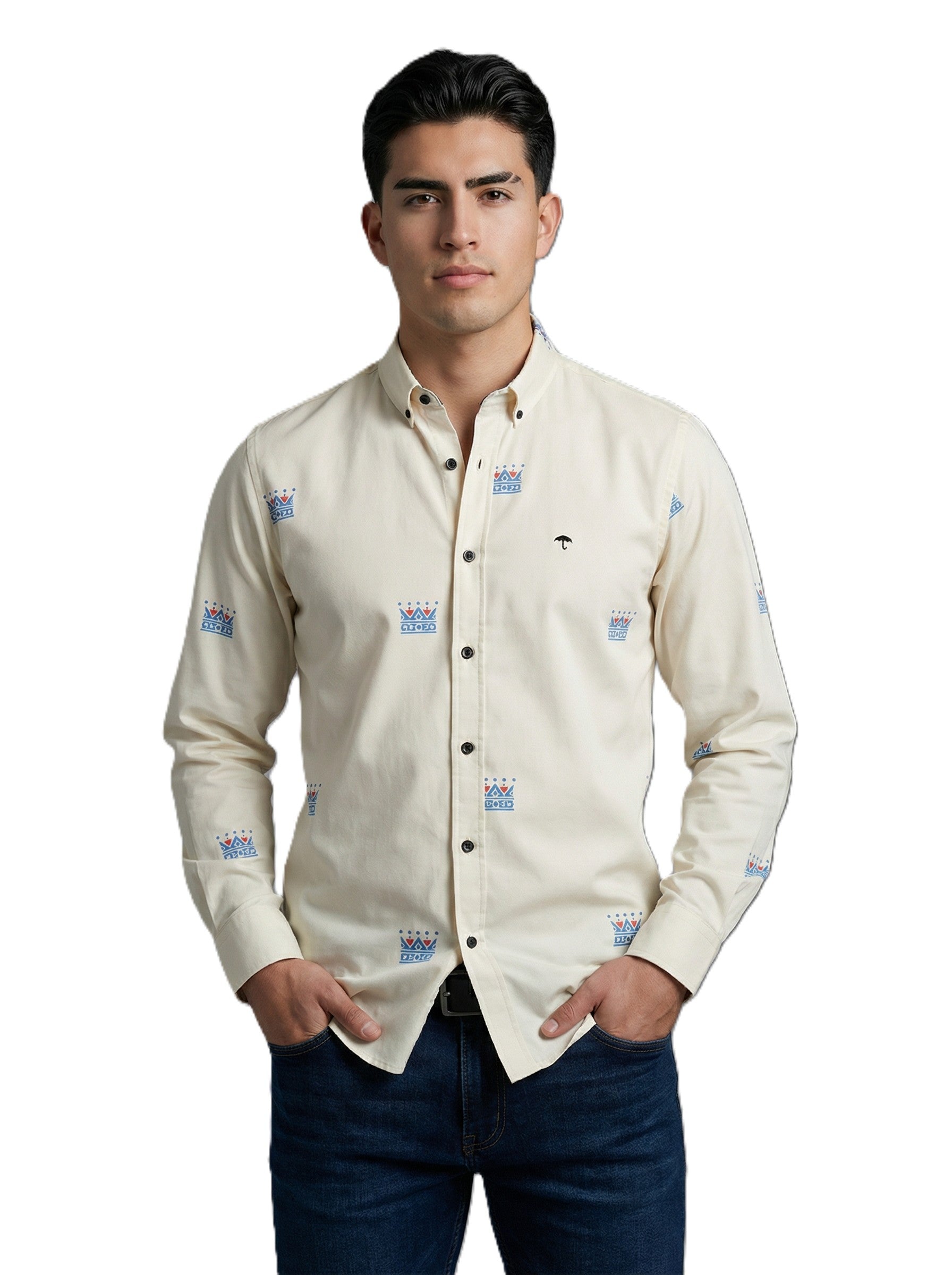 Camisa Hombre Casual Beige Mini Figuras Coronas
