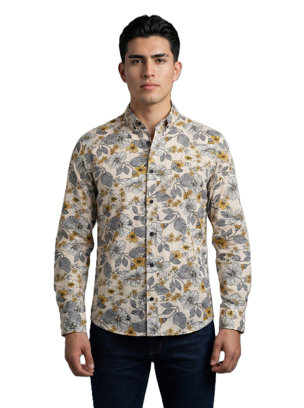 Camisa Hombre Casual Beige Flores Amarillas, Blancas
