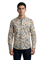 Camisa Hombre Casual Beige Flores Amarillas, Blancas