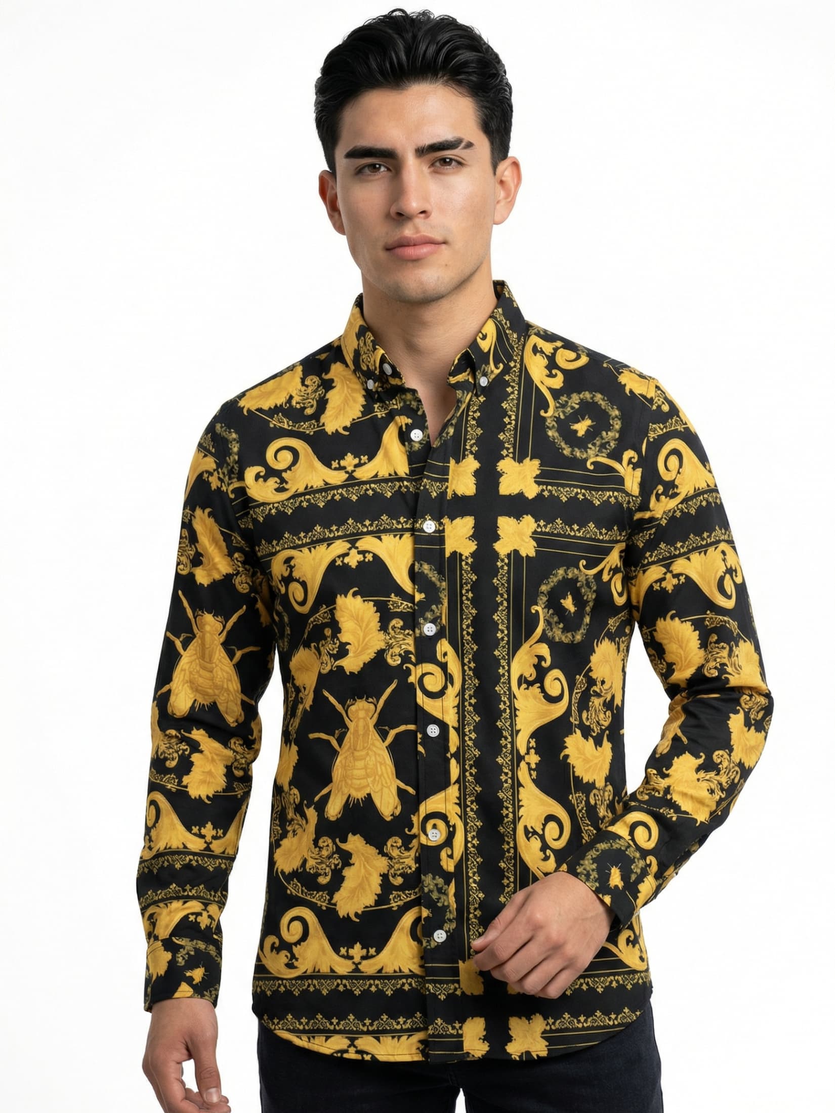 Camisa Hombre Casual Negra Floreada Amarilla