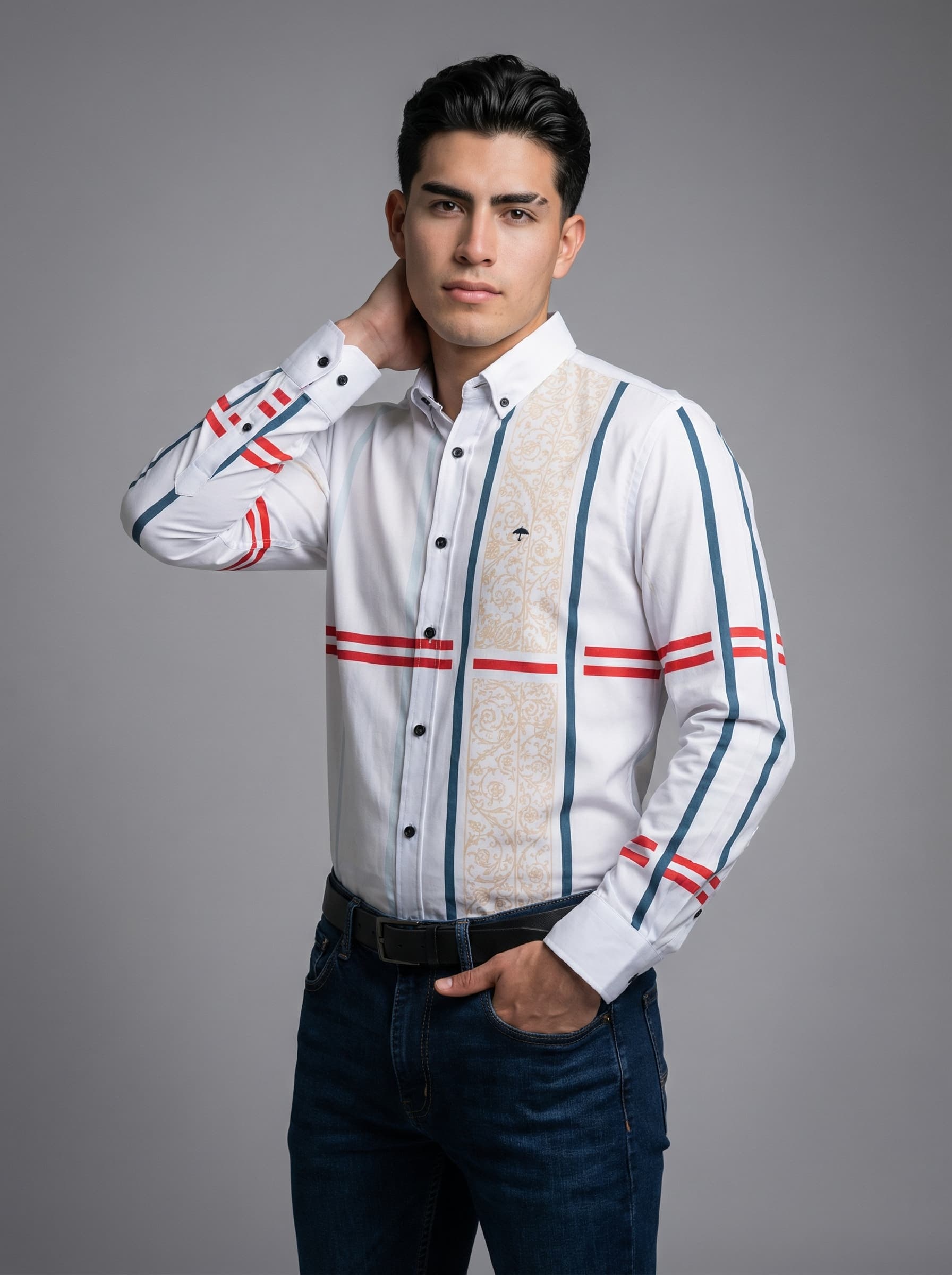 Camisa Hombre Casual Blanca Franjas Flores Azul, Rojas