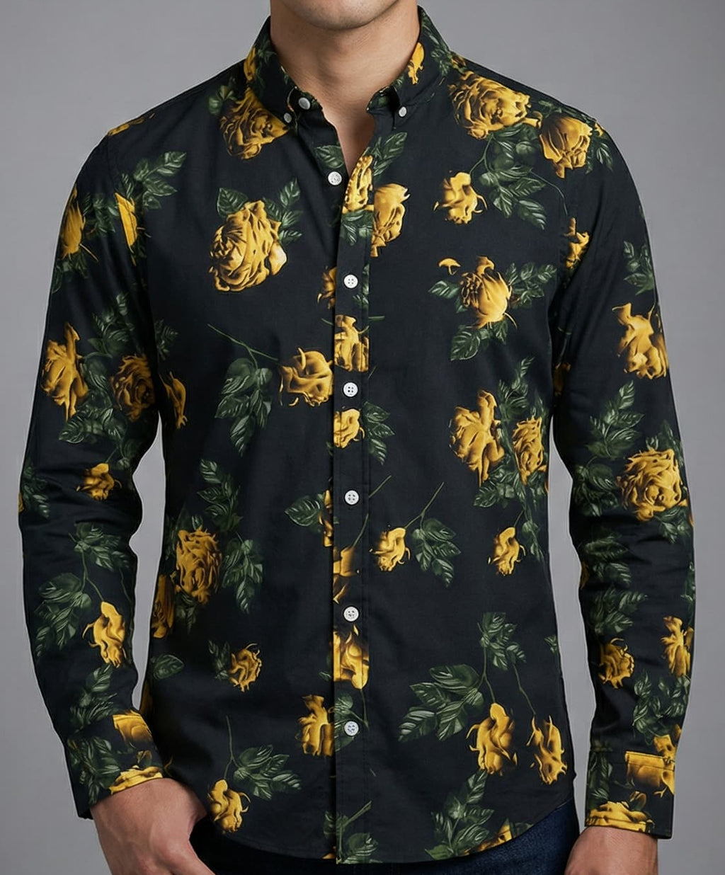 Camisa Hombre Casual Negra Rosas Doradas