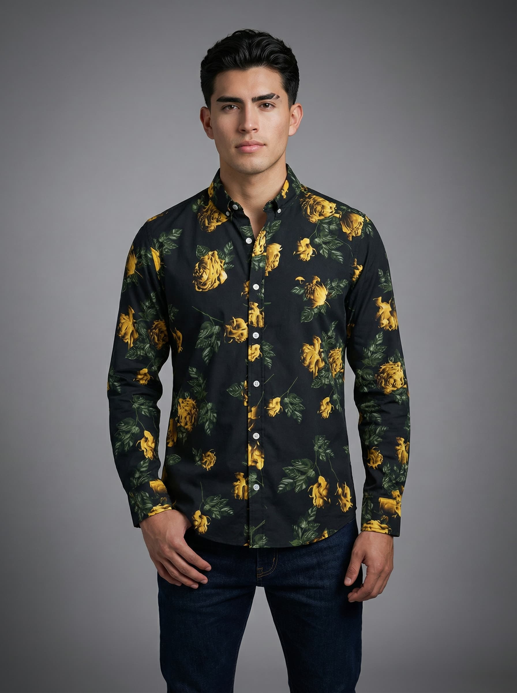Camisa Hombre Casual Negra Rosas Doradas