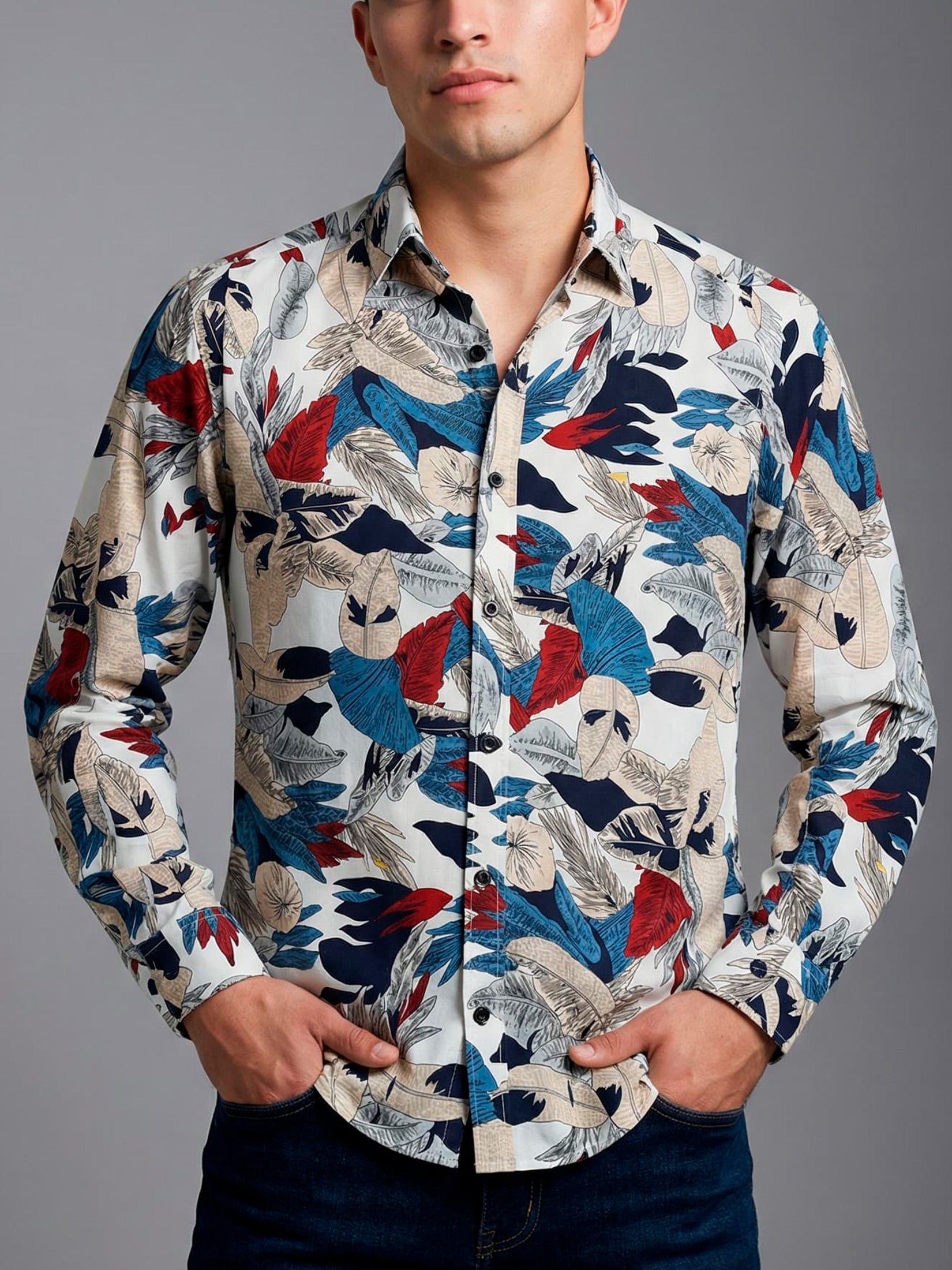 Camisa Hombre Casual Blanca Hojas Colores