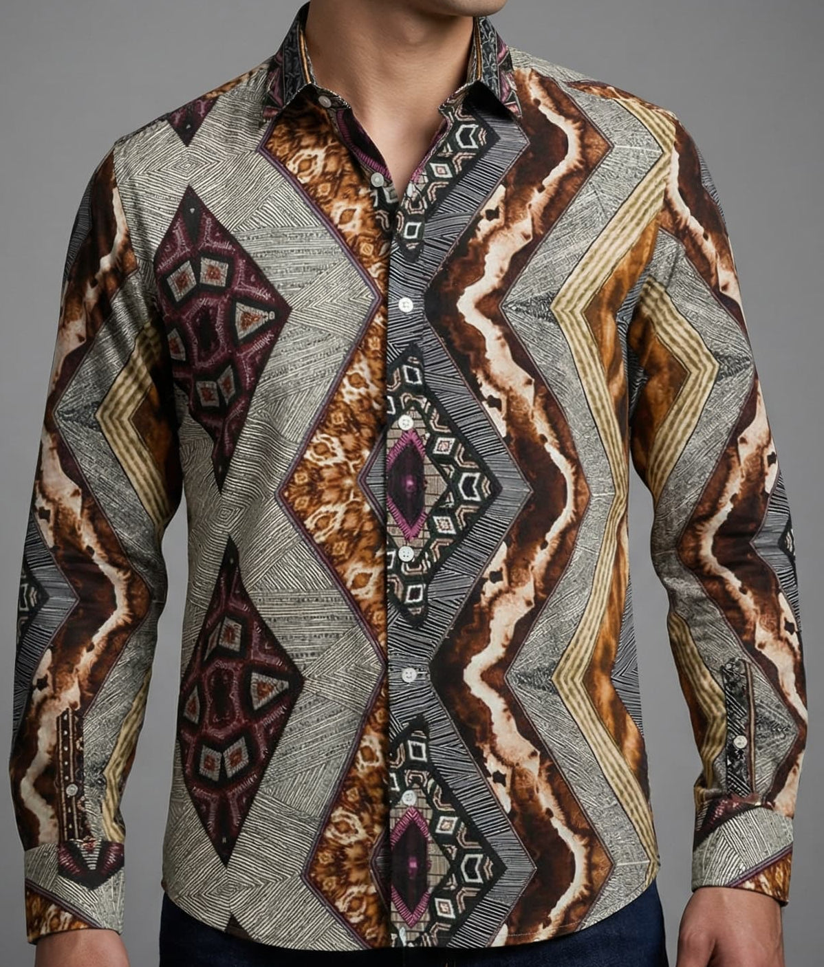 Camisa Hombre Casual Franjas Diagonales Figuras Colores