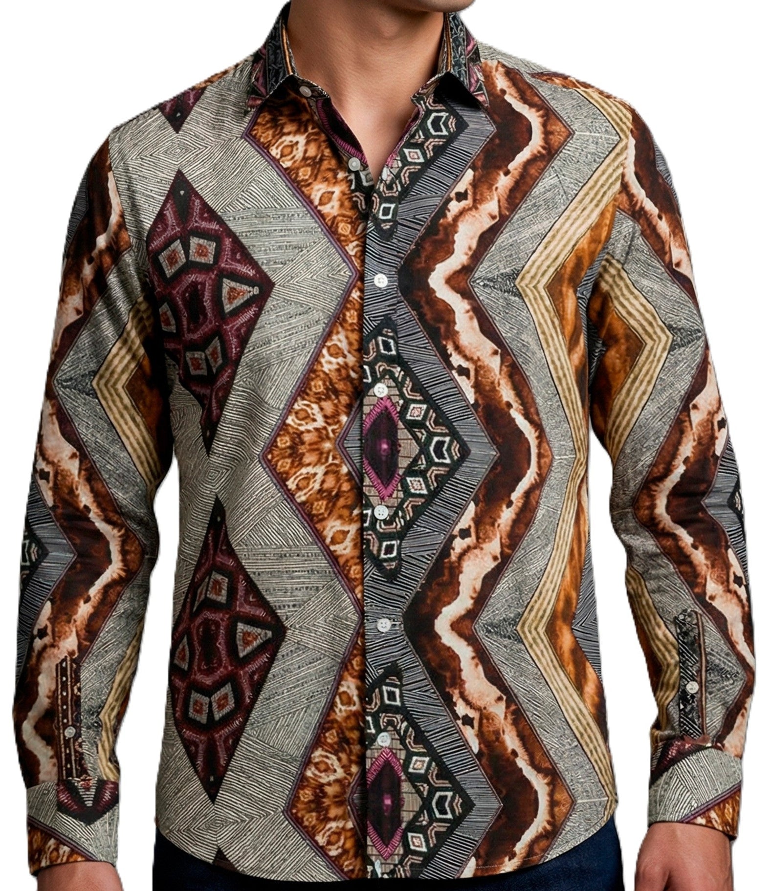 Camisa Hombre Casual Franjas Diagonales Figuras Colores